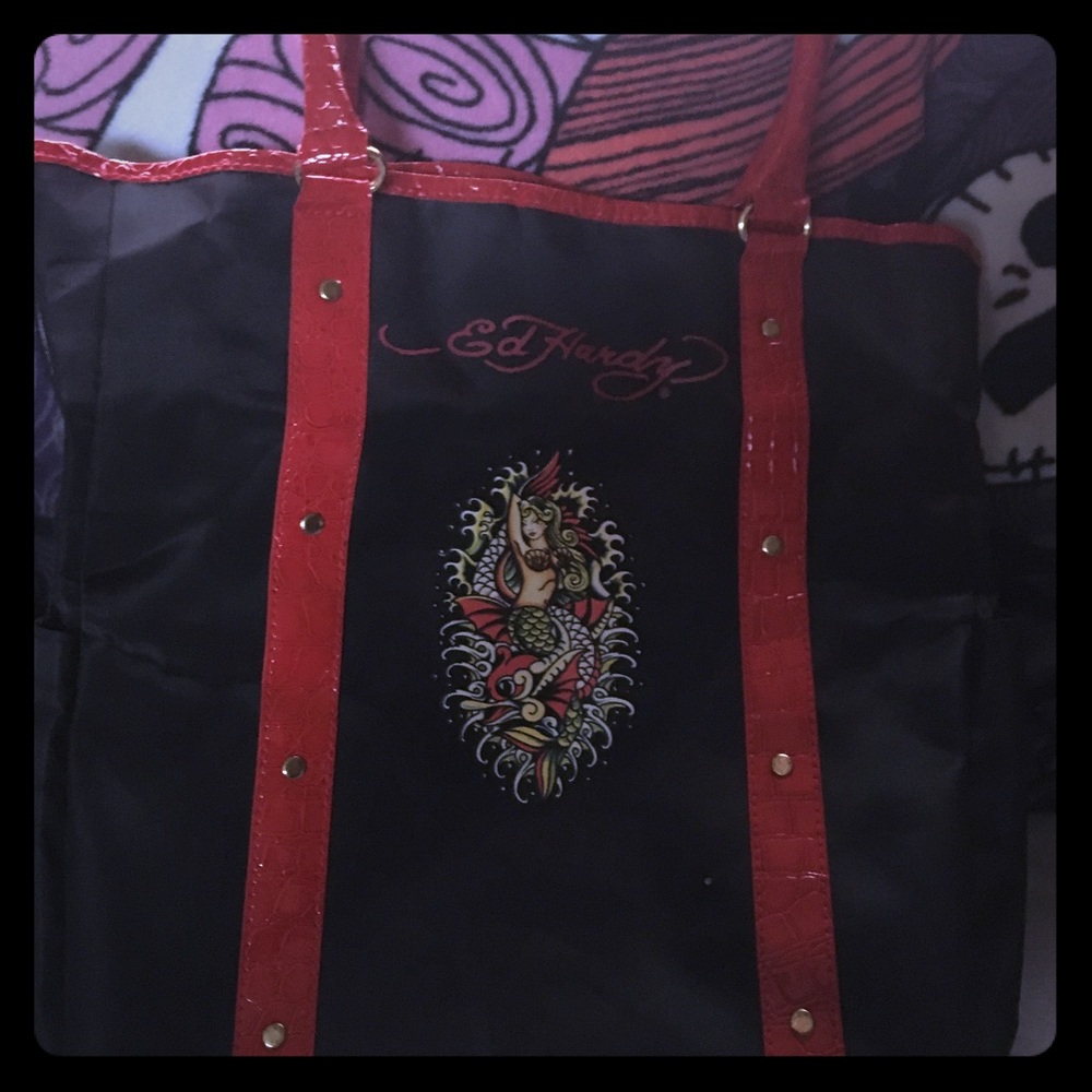 Ed hardy black and red leather messenger bag